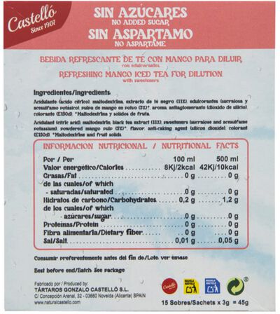 Bebida de te sin azucar  Catsello Mango 45g