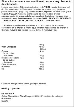 Fideos orientales sabor curry Yatekomo 60g