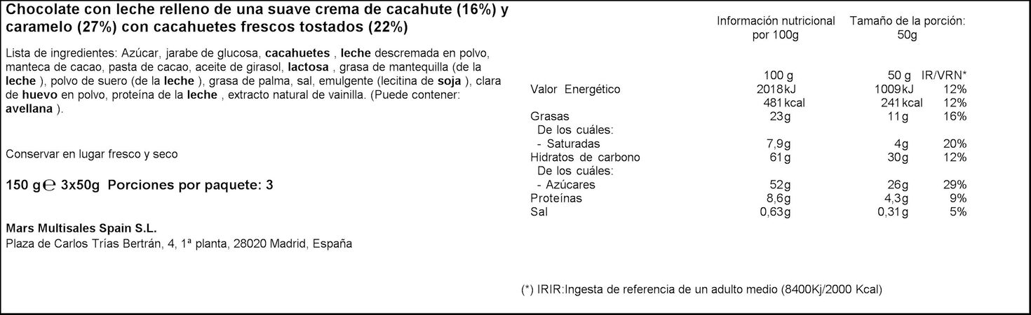 Chocolatina Snickers 3u rellena de crema de cacahuete