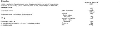 Chocolate negro sin gluten Valor 170g 82% de cacao