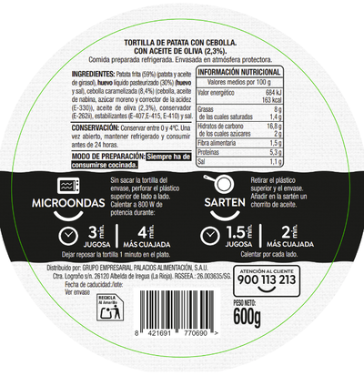 Tortilla de patata sin gluten Alipende 600g con cebolla