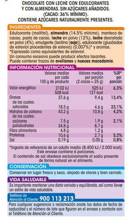 Chocolate con leche sin azúcar añadido con almendras Alipende 150g