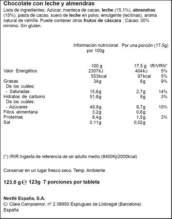 Chocolate con leche almendras Nestl&eacute; 123g