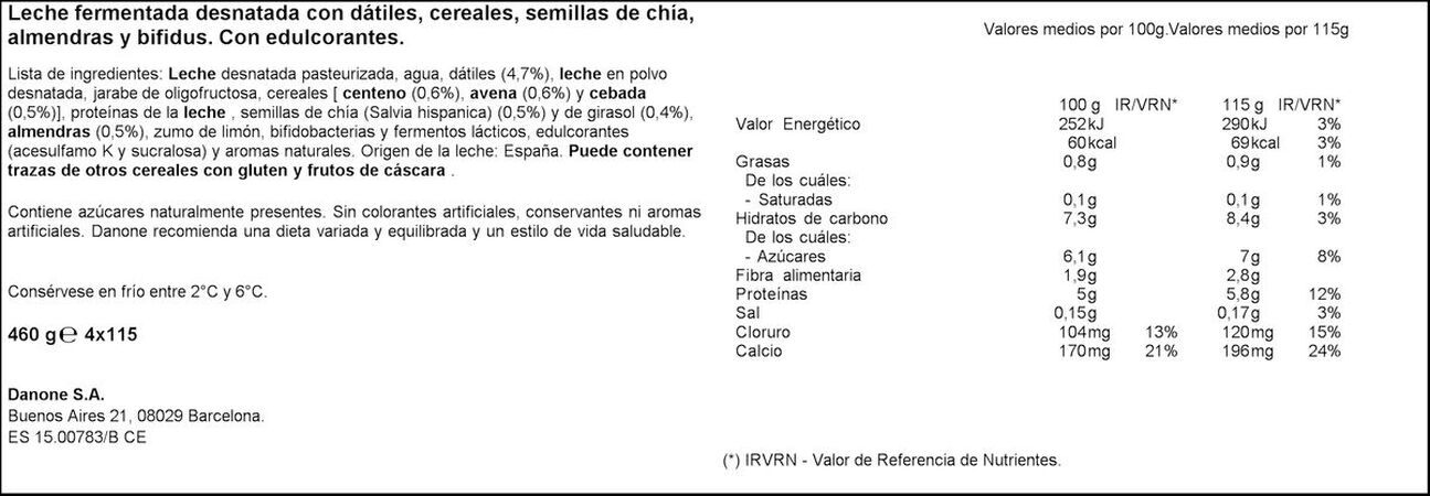 Bífidus probiótico Activia 0% pack 4 chia y almendras