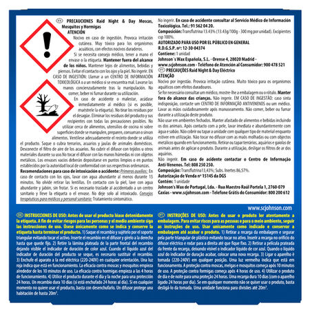 Insecticida electrico recambio Raid night&day para moscas mosquitos y hormigas