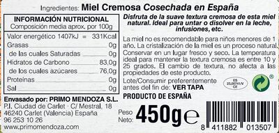 Miel textura cremosa de origen nacional Apiterapia 450g