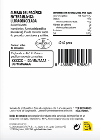 Almeja blanca del Pac&iacute;fico cocida 1K