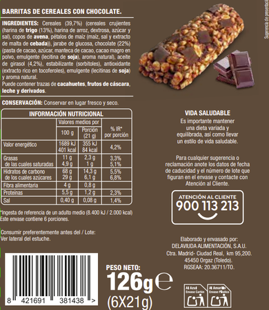 Barritas de cereales Alipende 6u chocolate
