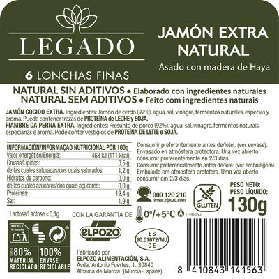 Jamon Cocido Extra Sin Lactosa Y Sin Gluten Legado 130G Natural Sin Aditivos