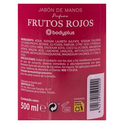 Jab&oacute;n de manos con dosificador Bodyplus 500ml frutos rojos