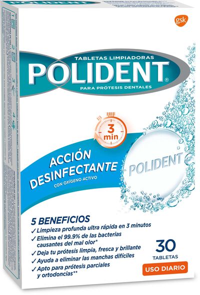 Desinfectante pr&oacute;tesis dental Polident 30 unidades Ox&iacute;geno activo