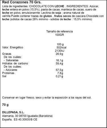 Chocolatina con forma de coraz&oacute;n chocolate con leche 70g