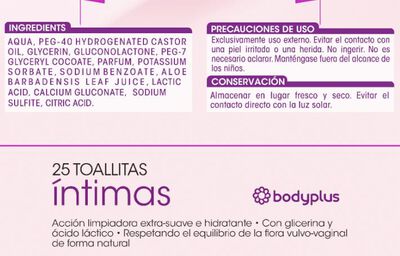 Toallitas Bodyplus 24 uds &iacute;ntimas