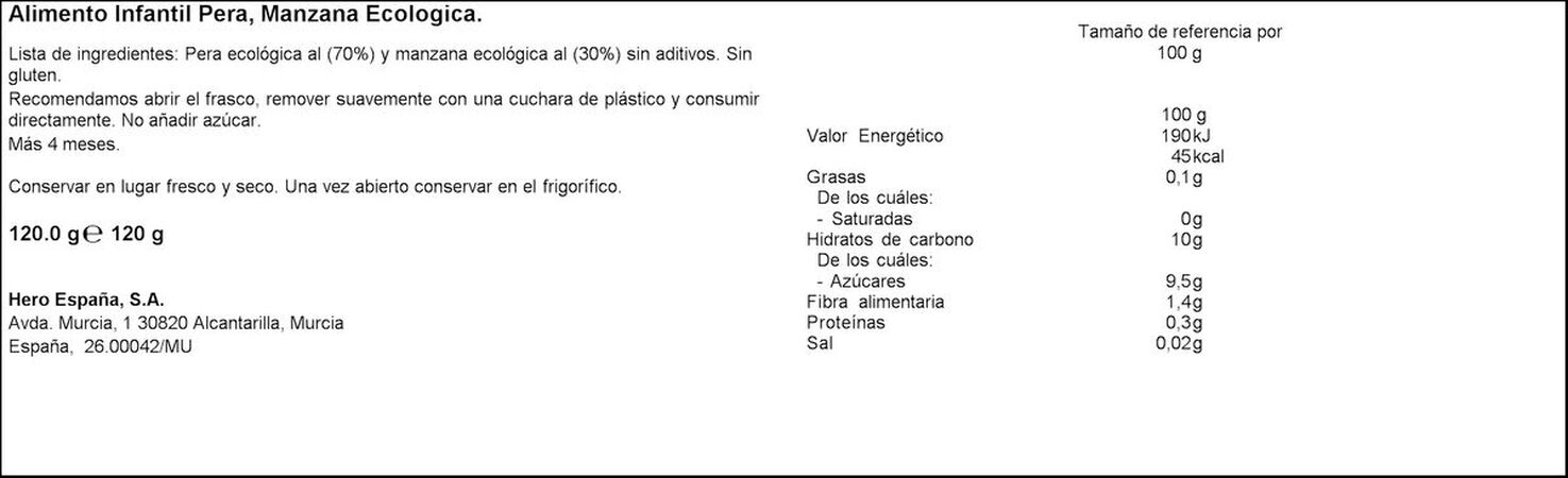 Tarro Hero solo eco pera manzana desde 4meses 120g