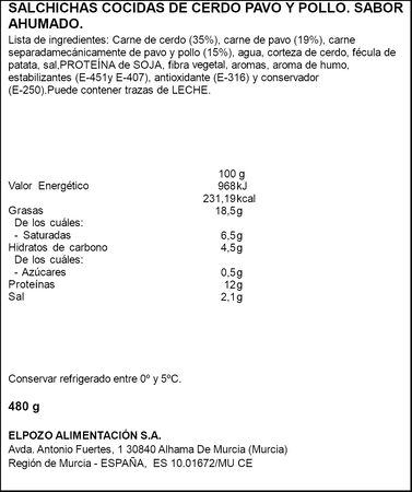 Salchicha frankfurt Elpozo 480 gr Pack 3 original