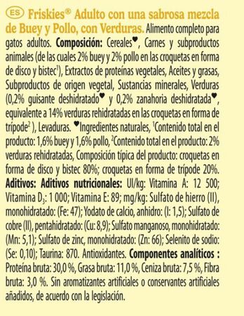 Alimento completo para gatos adultos Friskies buey y pollo, con verduras 400g