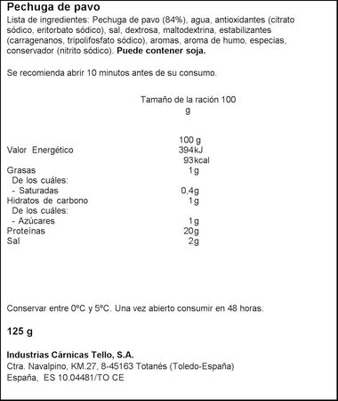 Pechuga de pavo en finas lonchas esencia Tello 125g