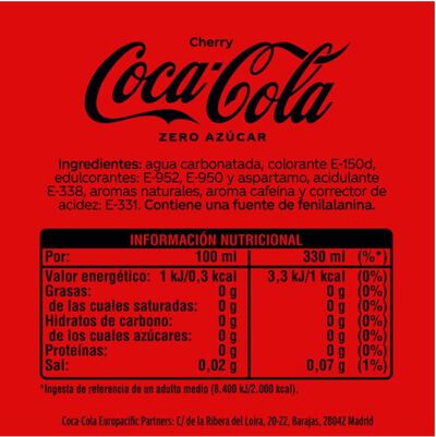 Refresco zero cola con sabor cherry Coca-Cola 33 cl