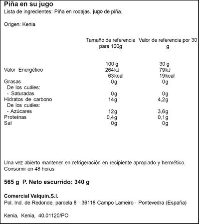 Piña en rodajas al natural Norvi 340g