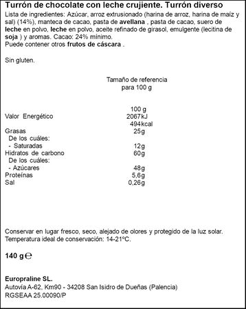 Turr&oacute;n de chocolate crujiente con leche Trapa 140g