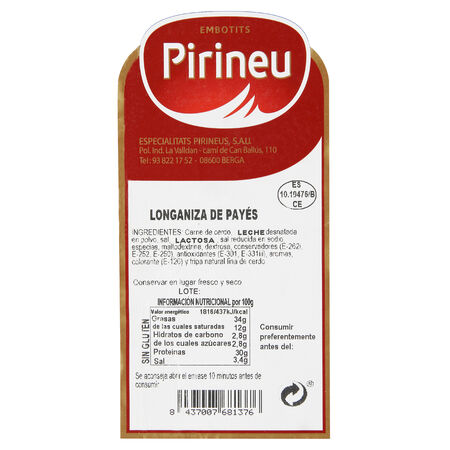 Longaniza payés Pirineu media o entera pieza 450g aproximadamente