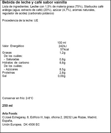 Bebida de leche con cafe frappuccino con sabor a vainilla Starbucks 250ml
