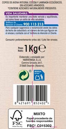 Copos de avena integral suaves ecológicos Alipende 1kg