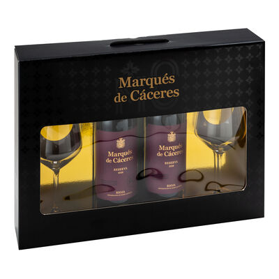 Estuche de 2 botellas de vino tinto D.O. Rioja Marqu&eacute;s de C&aacute;ceres 75cl crianza + copa