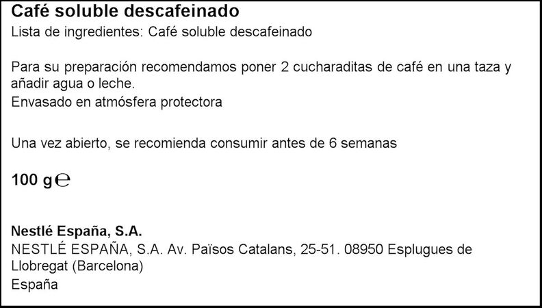 Café soluble descafeinado Nescafé 100g mezcla