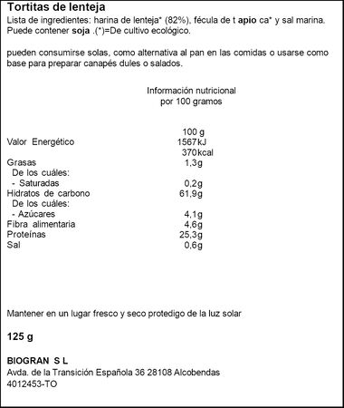 Tortitas de proteina lentejas bio Ecocesta 125g