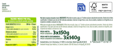 Maiz dulce en grano sin azucar a&ntilde;adido Bonduelle pack 3