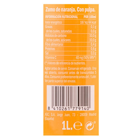 Zumo de naranja sin pulpa 100% exprimido La Huerta 1l