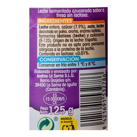 Leche fermentada sin lactosa Alipende pack 4 125g fresa