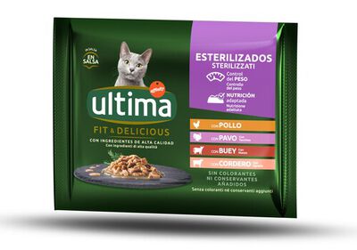 Comida h&uacute;meda gato Ultima Fit & Delicious carne pack 4