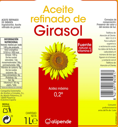 Aceite de girasol Alipende 1l (acidez m&aacute;xima 0,2&ordm;)