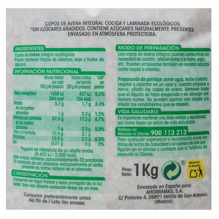 Copos de avena integrales ecológicos Alipende 1kg suave