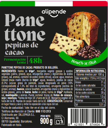 Panettone con pepitas de cacao alipende 900 g