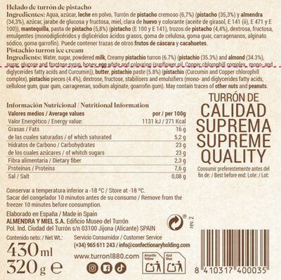 Helado de Turr&oacute;n de Pistacho 1880 430ml / 320gr