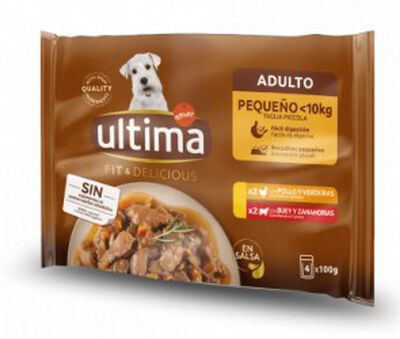 Ultima perro mini h&uacute;medo en salsa con pollo / buey 4x100gr
