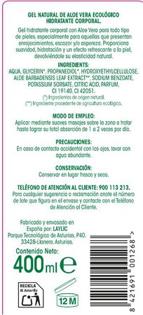 Gel hidratante natural ecol&oacute;gico con aloe vera Bodyplus 400 ml