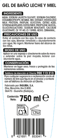 Gel de ba&ntilde;o Bodyplus 750 ml leche y miel