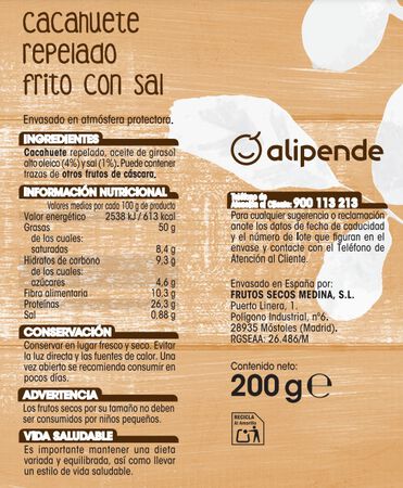 Cacahuete frito repelado con sal Alipende 200g