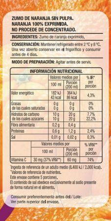 Zumo de naranja 100% exprimida sin pulpa Alipende 1L