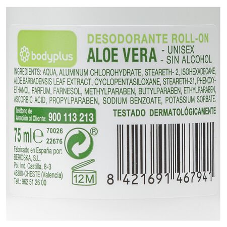 Desodorante en roll-on Bodyplus 75ml aloe vera