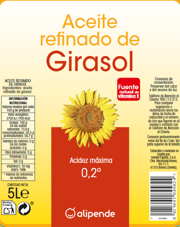 Aceite de girasol Alipende garrafa 5l (acidez máxima 0,2º)