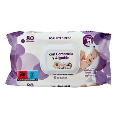 Toallitas beb&eacute; Bodyplus 80 uds con camomila y algod&oacute;n