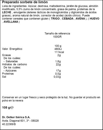 Preparado para sorbete de limón Dr. Oetker 108g