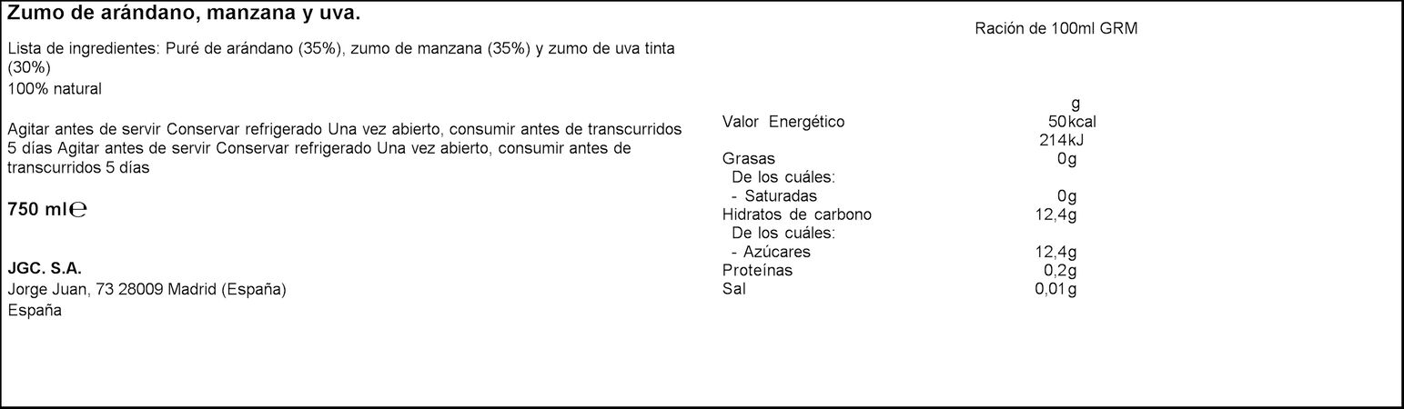 Zumo de arándanos manzana y uva refrigerado La Huerta 750ml