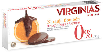 Turr&oacute;n con rodajas de naranja ba&ntilde;adas en chocolate sin az&uacute;cares a&ntilde;adidos Virginias 150g