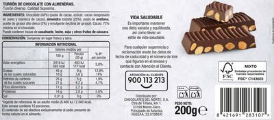 Turr&oacute;n de almendra y chocolate 72% Alipende 200g